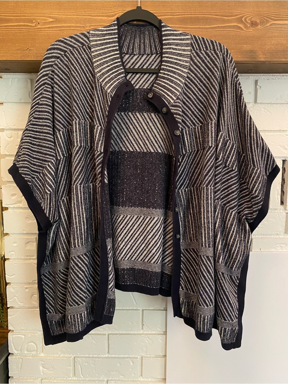 Banana Republic Navy White Knit Poncho Cape Cardigan Cotton Blend L/XL Fall - Picture 6 of 15